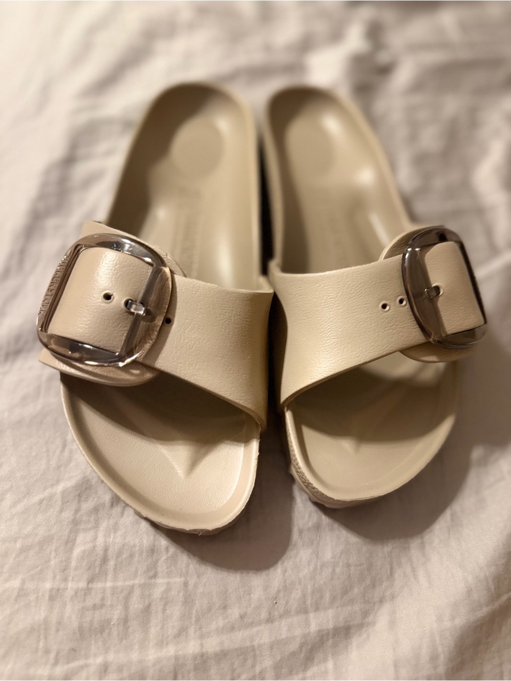 Anthropologie Cream Slide Sandals with Clear Buckle
